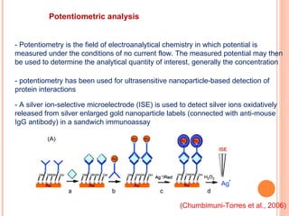 Potentiometric analysis - Potentiometry is the field of electroanalytical chemistry in which potential is measured under the conditions of no current flow. The measured potential may then be used to determine the analytical quantity of interest, generally the concentration - potentiometry has been used for ultrasensitive nanoparticle-based detection of protein interactions - A silver ion-selective microelectrode (ISE) is used to detect silver ions oxidatively released from silver enlarged gold nanoparticle labels (connected with anti-mouse IgG antibody) in a sandwich immunoassay  (Chumbimuni-Torres et al., 2006) 