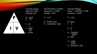 Find the ampere
Watts (P)=1850
Voltage=220
P = I X V
V V
I = P
V
I = 1850
220
I = 8.409
Find the Power or Watts:
Amperes (I) = 8.409
Voltage = 220
P = I X V
P = 8.409 X 220
P = 1,849.98 0r 1,850
Find the Voltage:
Power = 1,849.98 or 1,850
Amperes = 8.409
P = I X V
P = I X V
I I
V = P
I
V = 1,849.98
8.409
V = 820
V = 1,850
8.409
V = 220.002 or 220
 