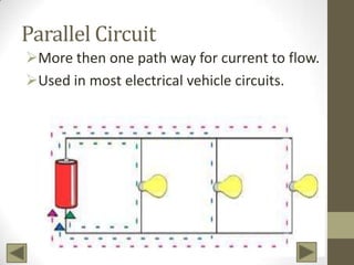 Parallel Circuit
More then one path way for current to flow.
Used in most electrical vehicle circuits.

 