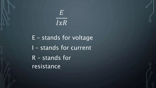 E – stands for voltage
I – stands for current
R – stands for
resistance
𝐸
𝐼𝑥𝑅
 