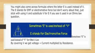 You might also come across formulas where the letter E is used instead of V.
The E stands for EMF or electromotive force but don’t worry about that, just
stick with using V and substitute V for E if you see it used in an Ohms law
question.
Sometimes “E” is
used instead of “V” for Ohm’s Law
By covering V we get voltage = Current multiplied by Resistance.
 