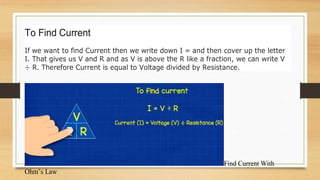 To Find Current
If we want to find Current then we write down I = and then cover up the letter
I. That gives us V and R and as V is above the R like a fraction, we can write V
÷ R. Therefore Current is equal to Voltage divided by Resistance.
Find Current With
Ohm’s Law
 