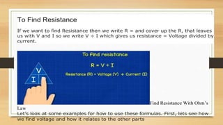 To Find Resistance
If we want to find Resistance then we write R = and cover up the R, that leaves
us with V and I so we write V ÷ I which gives us resistance = Voltage divided by
current.
Find Resistance With Ohm’s
Law
Let’s look at some examples for how to use these formulas. First, lets see how
we find voltage and how it relates to the other parts
 