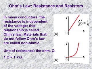 Ohm’s Law: Resistance and Resistors
In many conductors, the
resistance is independent
of the voltage; this
relationship is called
Ohm’s law. Materials that
do not follow Ohm’s law
are called non-ohmic.
Unit of resistance: the ohm, Ω.
1 Ω = 1 V/A.

 