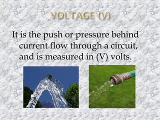 It is the push or pressure behind
current flow through a circuit,
and is measured in (V) volts. 

 