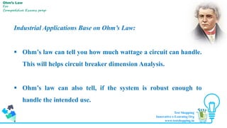 Industrial Applications Base on Ohm’s Law:
 Ohm’s law can tell you how much wattage a circuit can handle.
This will helps circuit breaker dimension Analysis.
 Ohm’s law can also tell, if the system is robust enough to
handle the intended use.
Ohm’s Law
For
Competitive Exams prep
Test Shopping
Innovative e-Learning Org
www.testshopping.in
 