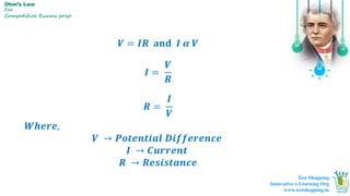 Ohm’s Law
For
Competitive Exams prep
𝑽 = 𝑰𝑹 𝐚𝐧𝐝 𝑰 𝜶 𝑽
𝑰 =
𝑽
𝑹
𝑹 =
𝑰
𝑽
𝑾𝒉𝒆𝒓𝒆,
𝑽 → 𝑷𝒐𝒕𝒆𝒏𝒕𝒊𝒂𝒍 𝑫𝒊𝒇𝒇𝒆𝒓𝒆𝒏𝒄𝒆
𝑰 → 𝑪𝒖𝒓𝒓𝒆𝒏𝒕
𝑹 → 𝑹𝒆𝒔𝒊𝒔𝒕𝒂𝒏𝒄𝒆
Test Shopping
Innovative e-Learning Org
www.testshopping.in
 
