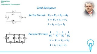 Total Resistance
Ohm’s Law
For
Competitive Exams prep
𝑺𝒆𝒓𝒊𝒆𝒔 𝑪𝒊𝒓𝒄𝒖𝒊𝒕: 𝑹 𝑻 = 𝑹 𝟏 + 𝑹 𝟐 + 𝑹 𝟑
𝑽 = 𝑽 𝟏 + 𝑽 𝟐 + 𝑽 𝟑
𝑰 = 𝑰 𝟏 = 𝑰 𝟐 = 𝑰 𝟑
𝑷𝒂𝒓𝒂𝒍𝒍𝒆𝒍 𝑪𝒊𝒓𝒄𝒖𝒊𝒕:
𝟏
𝑹 𝑻
=
𝟏
𝑹 𝟏
+
𝟏
𝑹 𝟐
+
𝟏
𝑹 𝟑
𝑽 = 𝑽 𝟏 = 𝑽 𝟐 = 𝑽 𝟑
𝑰 = 𝑰 𝟏 + 𝑰 𝟐 + 𝑰 𝟑
 