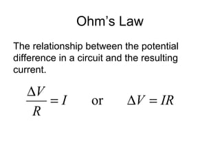 Ohm’s Law
The relationship between the potential
difference in a circuit and the resulting
current.
IRVI
R
V
=∆=
∆
or
 