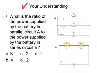 Your Understanding
• What is the ratio of
the power supplied
by the battery in
parallel circuit A to
the power supplied
by the battery in
series circuit B?
a.¼ c. 2 e. 1
b. 4 d. 2
A.
B.
 