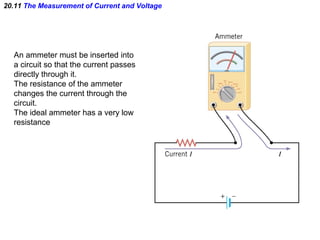 20.11 The Measurement of Current and Voltage
An ammeter must be inserted into
a circuit so that the current passes
directly through it.
The resistance of the ammeter
changes the current through the
circuit.
The ideal ammeter has a very low
resistance
 