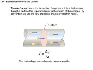 20.1 Electromotive Force and Current
The electric current is the amount of charge per unit time that passes
through a surface that is perpendicular to the motion of the charges. By
convention, we use the flow of positive charge or “electron holes”.
t
q
I
∆
∆
=
One coulomb per second equals one ampere (A).
 