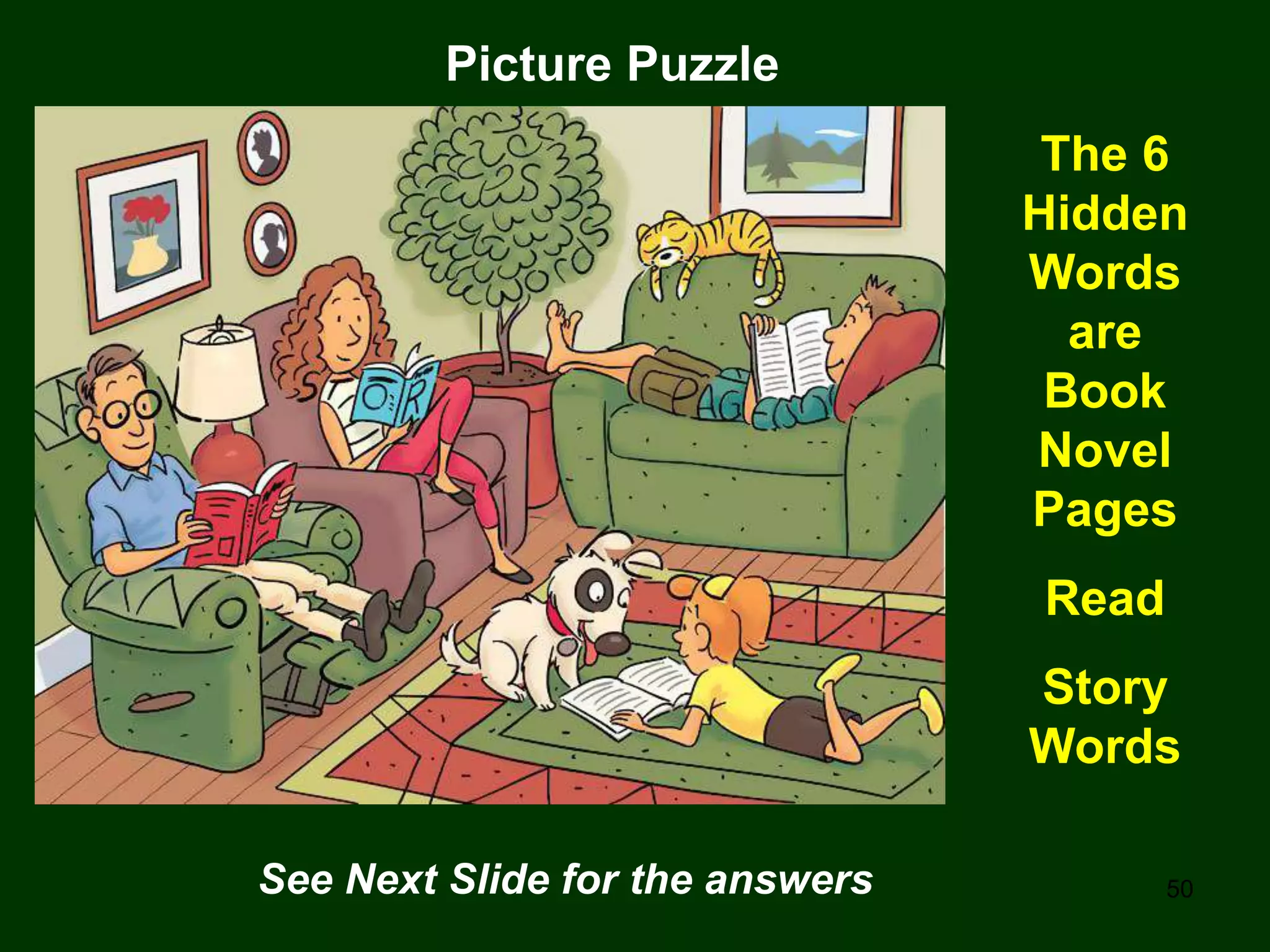 50
Picture Puzzle
The 6
Hidden
Words
are
Book
Novel
Pages
Read
Story
Words
See Next Slide for the answers
 