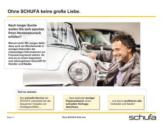Ohne SCHUFA keine große Liebe.

 Nach langer Suche
 wollen Sie sich spontan
 Ihren Herzenswunsch
 erfüllen?
 Warum nicht: Wir sorgen dafür,
 dass auch am Wochenende in
 wenigen Sekunden die
 notwendigen Informationen zur
 Finanzierung bereit stehen. So
 wird es zu einem bequemen
 und reibungslosen Geschäft für
 Händler und Käufer.




           Gut zu wissen:

            Der schnelle Service der        … dass bedeutet weniger
            SCHUFA unterstützt bei der      Papieraufwand, einen      … und davon profitieren alle:
            bequemen Vergabe von            schnellen Vertrags-        Verkäufer und Käufer!
            Kreditgeschäften,…              abschluss …



Seite 11                                 Ohne SCHUFA fehlt was
 