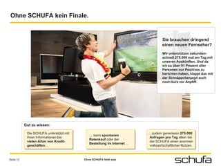 Ohne SCHUFA kein Finale.


                                                                                Sie brauchen dringend
                                                                                einen neuen Fernseher?
                                                                                Wir unterstützen sekunden-
                                                                                schnell 275.000 mal am Tag mit
                                                                                unseren Auskünften. Und da
                                                                                wir zu über 91 Prozent aller
                                                                                Personen nur Positives zu
                                                                                berichten haben, klappt das mit
                                                                                der Schnäppchenjagd auch
                                                                                noch kurz vor Anpfiff.




           Gut zu wissen:

            Die SCHUFA unterstützt mit                                 … zudem generieren 275.000
                                            … beim spontanen
            Ihren Informationen bei                                     Anfragen pro Tag allein bei
                                            Ratenkauf oder der
            vielen Arten von Kredit-                                    der SCHUFA einen enormen
                                            Bestellung im Internet …
            geschäften…                                                 volkswirtschaftlicher Nutzen.



Seite 12                                 Ohne SCHUFA fehlt was
 