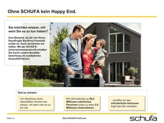 Ohne SCHUFA kein Happy End.


 Sie möchten wissen, mit
 wem Sie es zu tun haben?
 Zum Beispiel, ob die von Ihnen
 beauftragte Baufirma finanziell
 solide ist. Auch da können wir
 helfen: Mit der SCHUFA-
 Unternehmensauskunft erhalten
 Sie durch unsere Bonitäts-
 bewertung ein zusätzliches
 Auswahlkriterium.




           Gut zu wissen:

            Vor Abschluss eines            Mit Informationen zu 66,2
                                                                        … schaffen wir das
            Geschäftes möchte man          Millionen natürlichen
                                                                         erforderliche Vertrauen.
            wissen, mit wem man es zu      Personen sowie zu etwa 3,9
                                                                         Egal was Sie vorhaben.
            tun hat.                       Millionen Unternehmen …



Seite 14                                Ohne SCHUFA fehlt was
 