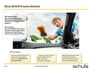 Ohne SCHUFA keine Klarheit.


 Sie wollen den
 Durchblick bei Ihren
 SCHUFA-Informationen
 haben?

 Kein Problem!
 Auf meineSCHUFA.de können
 Sie ganz einfach sogar online
 reinschauen. Das ist trans-
 parenter als manches Fenster.




           Gut zu wissen:

            Auf www.meineSCHUFA.de        … egal ob Sie die Auskunft   Mehr Informationen zu den
            finden Sie verschiedene       für sich selbst oder für     Auskünften für Privat-
            Arten von Auskünften für      Dritte, wie Ihren            personen finden Sie unter
            Privatpersonen…               Vermieter, benötigen.        www.meineSCHUFA.de.



Seite 15                               Ohne SCHUFA fehlt was
 