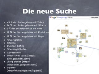 Die neue Suche
•   45 % der Suchergebisse mit Videos
•   14 % der Suchergebnisse mit Bildern
•   1 % der Suchergebnisse mit News
•   19 % der Suchergebnisse mit Produkten
•   19 % der Suchergebnisse mit Maps
•   Filtermöglichkeiten
•   Kinoprogramm
•   Sitelinks
•   Indendet Listing
•   Wonderwheel
•   Image Swirl (http://image-
    swirl.googlelabs.com/)
•   Living Stories (http://
    livingstories.googlelabs.com/)
•   Squared
    (http://www.google.com/squared))
 