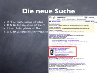 Die neue Suche
•   45 % der Suchergebisse mit Videos
•   14 % der Suchergebnisse mit Bildern
•   1 % der Suchergebnisse mit News
•   19 % der Suchergebnisse mit Produkten
 