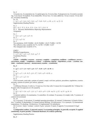 Ex. 9
1) income tax; 2) corporation tax; 3) capital gains tax; 4) excise duty; 5) progressive tax; 6) creative account-
ing; 7) tax haven; 8) loophole; 9) tax deductible; 10) tax loss; 11) value added tax; 12) tax evasion; 13) tax shel-
ter; 14) money laundering
Ex. 10
1 – b; 2 – a; 3 – b; 4 – b; 5 – b; 6 – a; 7 – b; 8 – b; 9 – c; 10 – c; 11 – a; 12 – b
Supplementary Reading Practice
Ex. 1
(a) 1 – F; 2 – T; 3 – F; 4 – T; 5 – T; 6 – T; 7 – F; 8 – F
Ex. 3 Revenue; Redistribution; Repricing; Representation
Assignment
Ex. 1
1 – b; 2 – a; 3 – a; 4 – a; 5 – b
Ex. 2
1 – c; 2 – a; 3 – b
Ex. 3
Tax calculation: (0,05×50,000) + (0,10×50,000) + (0,15×75,000) = 18,750
The «effective rate» would be 10,7 %: 18,750 / 175,000 = 0,107
The «marginal rate» would be 15 %.
UNIT 5
Reading Comprehension
1 – c; 2 – d; 3 – a; 4 – e; 5 – b; 6 – g; 7 - f
Vocabulary Practice
Ex. 1
reliable – reliability; accurate – accuracy; complete – completion; confident – confidence; correct –
correctness; comply – compliance; evaluate – evaluation; depend – dependence; create – creation; con-
clude – conclusion; measure – measurement; examine – examination
Ex. 3
1 – g; 2 – c; 3 – i; 4 – h; 5 – j; 6 – f; 7 – b; 8 – a; 9 – d; 10 – e
Ex. 4
1 – g; 2 – c; 3 – i; 4 – h; 5 – j; 6 – f; 7 – b; 8 – a; 9 – d; 10 – e
Ex. 5
1 – d; 2 – c; 3 – a; 3 – b
Ex. 6
Check accounts, stock take; systems of control; comply with laws, policies, procedures, regulations; examine
accounts, systems of control; give advice, opinions
Ex. 7
1) difference between; 2) refer to; 3) insist on; 4) in line with; 5) reason for; 6) responsible for; 7) blame for;
8) agree with; 9) suspicious of; 10) caused by
Ex. 8
1 – d; 2 – h; 3 – f; 4 – a; 5 – i; 6 – c; 7 – k; 8 – e; 9 – l; 10 – m; 11 – j; 12 – n; 13 – g; 14 – b
Ex. 9
1) internal auditors; 2) examination; 3) controllers; 4) evaluate; 5) accuracy; 6) comply with; 7) systems of
control; 8) recommend
Ex. 10
(a) 1) accuracy; 2) deviations; 3) standard operating procedures; 4) external; 5) determine; 6) board of direc-
tors; 7) ratified; 8) shareholders; 9) Annual General Meeting; 10) deficiencies; 11) a synonym; 12) transnational
corporations; 13) checking; 14) directives; 15) implemented; 16) subsidiaries
(b) 1) review / check / evaluate / control; 2) give / present; 3) report; 4) appoint; 5) recommend; 6) legal
Ex. 5
1) independent auditor; 2) internal control; 3) accounting principles; 4) generally accepted; 5) applied
consistently; 6) prior periods; 7) financial disclosure; 8) evidence gathering
Supplementary Reading Practice
Ex. 3
 