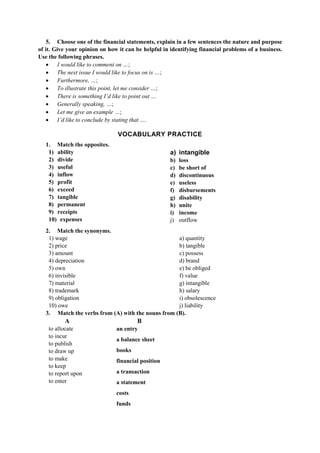 5. Choose one of the financial statements, explain in a few sentences the nature and purpose
of it. Give your opinion on how it can be helpful in identifying financial problems of a business.
Use the following phrases.
• I would like to comment on …;
• The next issue I would like to focus on is …;
• Furthermore, …;
• To illustrate this point, let me consider …;
• There is something I’d like to point out …
• Generally speaking, …;
• Let me give an example …;
• I’d like to conclude by stating that ….
VOCABULARY PRACTICE
1. Match the opposites.
1) ability
2) divide
3) useful
4) inflow
5) profit
6) exceed
7) tangible
8) permanent
9) receipts
10) expenses
a) intangible
b) loss
c) be short of
d) discontinuous
e) useless
f) disbursements
g) disability
h) unite
i) income
j) outflow
2. Match the synonyms.
1) wage
2) price
3) amount
4) depreciation
5) own
6) invisible
7) material
8) trademark
9) obligation
10) owe
a) quantity
b) tangible
c) possess
d) brand
e) be obliged
f) value
g) intangible
h) salary
i) obsolescence
j) liability
3. Match the verbs from (A) with the nouns from (B).
A B
to allocate
to incur
to publish
to draw up
to make
to keep
to report upon
to enter
an entry
a balance sheet
books
financial position
a transaction
a statement
costs
funds
 