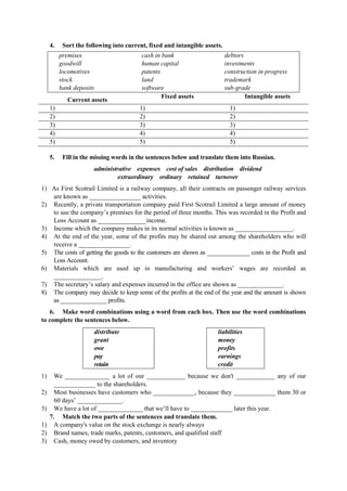 4. Sort the following into current, fixed and intangible assets.
premises cash in bank debtors
goodwill human capital investments
locomotives patents construction in progress
stock land trademark
bank deposits software sub-grade
Current assets
Fixed assets Intangible assets
1) 1) 1)
2) 2) 2)
3) 3) 3)
4) 4) 4)
5) 5) 5)
5. Fill in the missing words in the sentences below and translate them into Russian.
administrative expenses cost of sales distribution dividend
extraordinary ordinary retained turnover
1) As First Scotrail Limited is a railway company, all their contracts on passenger railway services
are known as ________________ activities.
2) Recently, a private transportation company paid First Scotrail Limited a large amount of money
to use the company’s premises for the period of three months. This was recorded in the Profit and
Loss Account as _______________income.
3) Income which the company makes in its normal activities is known as __________________.
4) At the end of the year, some of the profits may be shared out among the shareholders who will
receive a ________________.
5) The costs of getting the goods to the customers are shown as ______________ costs in the Profit and
Loss Account.
6) Materials which are used up in manufacturing and workers’ wages are recorded as
_______________.
7) The secretary’s salary and expenses incurred in the office are shown as ______________.
8) The company may decide to keep some of the profits at the end of the year and the amount is shown
as _______________ profits.
6. Make word combinations using a word from each box. Then use the word combinations
to complete the sentences below.
distribute
grant
owe
pay
retain
liabilities
money
profits
earnings
credit
1) We ______________ a lot of our ____________ because we don't ____________ any of our
_____________ to the shareholders.
2) Most businesses have customers who _____________, because they _____________ them 30 or
60 days’ ______________.
3) We have a lot of ______________ that we’ll have to _____________ later this year.
7. Match the two parts of the sentences and translate them.
1) A company's value on the stock exchange is nearly always
2) Brand names, trade marks, patents, customers, and qualified staff
3) Cash, money owed by customers, and inventory
 