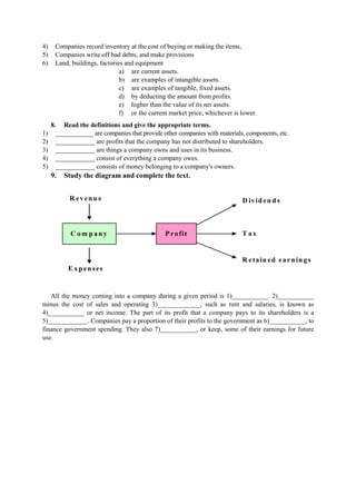 4) Companies record inventory at the cost of buying or making the items,
5) Companies write off bad debts, and make provisions
6) Land, buildings, factories and equipment
a) are current assets.
b) are examples of intangible assets.
c) are examples of tangible, fixed assets.
d) by deducting the amount from profits.
e) higher than the value of its net assets.
f) or the current market price, whichever is lower.
8. Read the definitions and give the appropriate terms.
1) ____________ are companies that provide other companies with materials, components, etc.
2) ____________ are profits that the company has not distributed to shareholders.
3) ____________ are things a company owns and uses in its business.
4) ____________ consist of everything a company owes.
5) ____________ consists of money belonging to a company's owners.
9. Study the diagram and complete the text.
E xp en ses
C om p an y
R even u e
P rofit
R etain ed earn in gs
T ax
D ivid en d s
All the money coming into a company during a given period is 1)___________. 2)___________
minus the cost of sales and operating 3)_____________, such as rent and salaries, is known as
4)___________ or net income. The part of its profit that a company pays to its shareholders is a
5)____________. Companies pay a proportion of their profits to the government as 6)___________, to
finance government spending. They also 7)___________, or keep, some of their earnings for future
use.
 