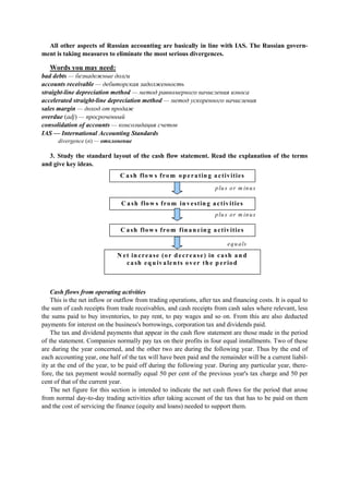 All other aspects of Russian accounting are basically in line with IAS. The Russian govern-
ment is taking measures to eliminate the most serious divergences.
Words you may need:
bad debts — безнадежные долги
accounts receivable — дебиторская задолженность
straight-line depreciation method — метод равномерного начисления износа
accelerated straight-line depreciation method — метод ускоренного начисления
sales margin — доход от продаж
overdue (adj) — просроченный
consolidation of accounts — консолидация счетов
IAS — International Accounting Standards
divergence (n) — отклонение
3. Study the standard layout of the cash flow statement. Read the explanation of the terms
and give key ideas.
plu s or m inus
plu s or m inus
equals
C ash flow s from op eratin g activities
C a sh flow s from in vestin g activities
C ash flow s from fin an cin g activities
N et in crease (or d ecrease) in cash an d
cash eq u ivalen ts over th e p eriod
Cash flows from operating activities
This is the net inflow or outflow from trading operations, after tax and financing costs. It is equal to
the sum of cash receipts from trade receivables, and cash receipts from cash sales where relevant, less
the sums paid to buy inventories, to pay rent, to pay wages and so on. From this are also deducted
payments for interest on the business's borrowings, corporation tax and dividends paid.
The tax and dividend payments that appear in the cash flow statement are those made in the period
of the statement. Companies normally pay tax on their profits in four equal installments. Two of these
are during the year concerned, and the other two are during the following year. Thus by the end of
each accounting year, one half of the tax will have been paid and the remainder will be a current liabil-
ity at the end of the year, to be paid off during the following year. During any particular year, there-
fore, the tax payment would normally equal 50 per cent of the previous year's tax charge and 50 per
cent of that of the current year.
The net figure for this section is intended to indicate the net cash flows for the period that arose
from normal day-to-day trading activities after taking account of the tax that has to be paid on them
and the cost of servicing the finance (equity and loans) needed to support them.
 