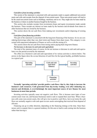Cash flows from investing activities
This section of the statement is concerned with cash payments made to acquire additional non-current
assets and with cash receipts from the disposal of non-current assets. These non-current assets will tend to
be the usual non-current assets such as buildings, machinery and so on. They might also be loans made by
the business or shares in another business bought by the business.
This section also includes receipts from investments (loans and equity investments) made outside
the business. These receipts are interest on loans made by the business and dividends from shares in
other businesses that are owned by the business.
This section shows the net cash flows from making new investments and/or disposing of existing
ones.
Cash flows from financing activities
This part of the statement is concerned with the long-term financing of the business. So we are con-
sidering borrowings (other than very short term) and finance from share issues. This category is con-
cerned with repayment/redemption of finance as well as with the raising of it.
This section shows the net cash flows from raising and/or paying back long-term finance.
Net increase or decrease in cash and cash equivalents
The total of the statement must, of course, be the net increase or decrease in cash and cash equiva-
lents over the period covered by the statement.
The effect on a business's cash and cash equivalents of its various activities is shown below. The
arrows in the figure show the normal direction of cash flow for the typical healthy, profitable business
in a typical year.
Cash and cash
equivalent
balances
Financing
activities
Operating
activities
Investing
activities
Normally 'operating activities' provide positive cash flows: that is, they help to increase the
business's cash resources. Cash generated from day-to-day trading, even after deducting tax,
interest and dividends, is overwhelmingly the most important source of new finance for most
businesses in most time periods.
Investing activities typically cause net negative cash flows. This is because most types of non-
current assets wear out, and because businesses tend to seek to expand their asset base. When a busi-
ness sells some non-current assets, this will give rise to positive cash flows, but in net terms the cash
flows are normally negative with cash spent on new assets outweighing that received from disposal of
old ones.
Financing can go in either direction, depending on the financing strategy at the time. Since busi-
nesses seek to expand, there is a general tendency for this area to lead to cash coming into the business
rather than leaving it.
 