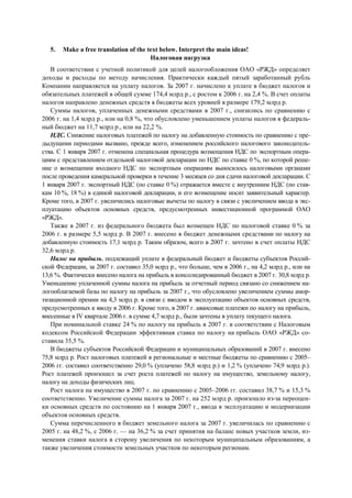 5. Make a free translation of the text below. Interpret the main ideas!
Налоговая нагрузка
В соответствии с учетной политикой для целей налогообложения ОАО «РЖД» определяет
доходы и расходы по методу начисления. Практически каждый пятый заработанный рубль
Компании направляется на уплату налогов. За 2007 г. начислено к уплате в бюджет налогов и
обязательных платежей в общей сумме 174,4 млрд р., c ростом к 2006 г. на 2,4 %. В счет оплаты
налогов направлено денежных средств в бюджеты всех уровней в размере 179,2 млрд р.
Суммы налогов, уплаченных денежными средствами в 2007 г., снизились по сравнению с
2006 г. на 1,4 млрд р., или на 0,8 %, что обусловлено уменьшением уплаты налогов в федераль-
ный бюджет на 11,7 млрд р., или на 22,2 %.
НДС. Снижение налоговых платежей по налогу на добавленную стоимость по сравнению с пре-
дыдущими периодами вызвано, прежде всего, изменением российского налогового законодатель-
ства. С 1 января 2007 г. отменена специальная процедура возмещения НДС по экспортным опера-
циям с представлением отдельной налоговой декларации по НДС по ставке 0 %, по которой реше-
ние о возмещении входного НДС по экспортным операциям выносилось налоговыми органами
после проведения камеральной проверки в течение 3 месяцев со дня сдачи налоговой декларации. С
1 января 2007 г. экспортный НДС (по ставке 0 %) отражается вместе с внутренним НДС (по став-
кам 10 %, 18 %) в единой налоговой декларации, и его возмещение носит заявительный характер.
Кроме того, в 2007 г. увеличились налоговые вычеты по налогу в связи с увеличением ввода в экс-
плуатацию объектов основных средств, предусмотренных инвестиционной программой ОАО
«РЖД».
Также в 2007 г. из федерального бюджета был возмещен НДС по налоговой ставке 0 % за
2006 г. в размере 5,5 млрд р. В 2007 г. внесено в бюджет денежными средствами по налогу на
добавленную стоимость 17,1 млрд р. Таким образом, всего в 2007 г. зачтено в счет оплаты НДС
32,6 млрд р.
Налог на прибыль, подлежащий уплате в федеральный бюджет и бюджеты субъектов Россий-
ской Федерации, за 2007 г. составил 35,0 млрд р., что больше, чем в 2006 г., на 4,2 млрд р., или на
13,6 %. Фактически внесено налога на прибыль в консолидированный бюджет в 2007 г. 30,8 млрд р.
Уменьшение уплаченной суммы налога на прибыль за отчетный период связано со снижением на-
логооблагаемой базы по налогу на прибыль за 2007 г., что обусловлено увеличением суммы амор-
тизационной премии на 4,3 млрд р. в связи с вводом в эксплуатацию объектов основных средств,
предусмотренных к вводу в 2006 г. Кроме того, в 2007 г. авансовые платежи по налогу на прибыль,
внесенные в IV квартале 2006 г. в сумме 4,7 млрд р., были зачтены в уплату текущего налога.
При номинальной ставке 24 % по налогу на прибыль в 2007 г. в соответствии с Налоговым
кодексом Российской Федерации эффективная ставка по налогу на прибыль ОАО «РЖД» со-
ставила 35,5 %.
В бюджеты субъектов Российской Федерации и муниципальных образований в 2007 г. внесено
75,8 млрд р. Рост налоговых платежей в региональные и местные бюджеты по сравнению с 2005–
2006 гг. составил соответственно 29,0 % (уплачено 58,8 млрд р.) и 1,2 % (уплачено 74,9 млрд р.).
Рост платежей произошел за счет роста платежей по налогу на имущество, земельному налогу,
налогу на доходы физических лиц.
Рост налога на имущество в 2007 г. по сравнению с 2005–2006 гг. составил 38,7 % и 15,3 %
соответственно. Увеличение суммы налога за 2007 г. на 252 млрд р. произошло из-за переоцен-
ки основных средств по состоянию на 1 января 2007 г., ввода в эксплуатацию и модернизации
объектов основных средств.
Сумма перечисленного в бюджет земельного налога за 2007 г. увеличилась по сравнению с
2005 г. на 48,2 %, с 2006 г. — на 36,2 % за счет принятия на баланс новых участков земли, из-
менения ставки налога в сторону увеличения по некоторым муниципальным образованиям, а
также увеличения стоимости земельных участков по некоторым регионам.
 