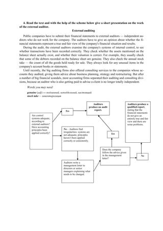 4. Read the text and with the help of the scheme below give a short presentation on the work
of the external auditor.
External auditing
Public companies have to submit their financial statements to external auditors — independent au-
ditors who do not work for the company. The auditors have to give an opinion about whether the fi-
nancial statements represent a true and fair view of the company's financial situation and results.
During the audit, the external auditors examine the company's systems of internal control, to see
whether transactions have been recorded correctly. They check whether the assets mentioned on the
balance sheet actually exist, and whether their valuation is correct. For example, they usually check
that some of the debtors recorded on the balance sheet are genuine. They also check the annual stock
take — the count of all the goods held ready for sale. They always look for any unusual items in the
company's account books or statements.
Until recently, the big auditing firms also offered consulting services to the companies whose ac-
counts they audited, giving them advice about business planning, strategy and restructuring. But after
a number of big financial scandals, most accounting firms separated their auditing and consulting divi-
sions, because an auditor who is also getting paid to advise a client is no longer totally independent.
Words you may need:
genuine (adj) — подлинный, неподдельный, настоящий
stock take — инвентаризация
Auditors
produce an audit
report.
Are control
systems adequate,
according to
external auditors?
Have accounting
principles been
applied correctly?
Auditors write a
management letter to
directors or senior
managers explaining what
needs to be changed.
No – Auditors find
irregularities: systems are
not adequate, principles
haven’t been applied
correctly or consistently.
Does the company
follow the advice given
in the management
letter?
No
Auditors produce a
qualified report,
stating that the
financial statements
do not give an
entirely true and fair
view and there are
some problems.
Yes
Yes
 