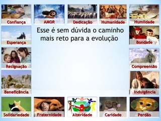 Esse é sem dúvida o caminho
mais reto para a evolução
ConfiançaConfiança
EsperançaEsperança
ResignaçãoResignação
BeneficênciaBeneficência
SolidariedadeSolidariedade FraternidadeFraternidade AlteridadeAlteridade CaridadeCaridade PerdãoPerdão
IndulgênciaIndulgência
CompreensãoCompreensão
BondadeBondade
HumildadeHumildadeHumanidadeHumanidadeDedicaçãoDedicaçãoAMORAMOR
 