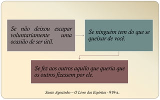 Se não deixou escapar
voluntariamente uma
ocasião de ser útil.
Se ninguém tem do que se
queixar de você.
Se fez aos outros aquilo que queria que
os outros fizessem por ele.
Santo Agostinho – O Livro dos Espíritos - 919-a.
 