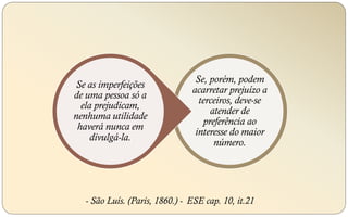 Se, porém, podem
acarretar prejuízo a
terceiros, deve-se
atender de
preferência ao
interesse do maior
número.
Se as imperfeições
de uma pessoa só a
ela prejudicam,
nenhuma utilidade
haverá nunca em
divulgá-la.
- São Luís. (Paris, 1860.) - ESE cap. 10, it.21
 