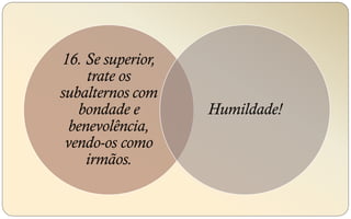 16. Se superior,
trate os
subalternos com
bondade e
benevolência,
vendo-os como
irmãos.
Humildade!
 