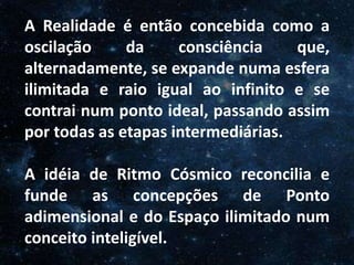 O Homem, Deus e o Universo
Introdução
A Realidade é então concebida como a
oscilação da consciência que,
alternadamente, se expande numa esfera
ilimitada e raio igual ao infinito e se
contrai num ponto ideal, passando assim
por todas as etapas intermediárias.
A idéia de Ritmo Cósmico reconcilia e
funde as concepções de Ponto
adimensional e do Espaço ilimitado num
conceito inteligível.
 
