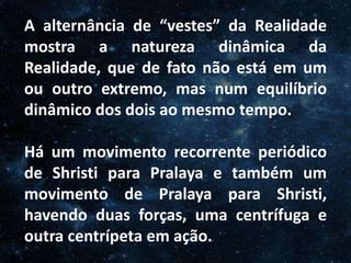 O Homem, Deus e o Universo
Introdução
A alternância de “vestes” da Realidade
mostra a natureza dinâmica da
Realidade, que de fato não está em um
ou outro extremo, mas num equilíbrio
dinâmico dos dois ao mesmo tempo.
Há um movimento recorrente periódico
de Shristi para Pralaya e também um
movimento de Pralaya para Shristi,
havendo duas forças, uma centrífuga e
outra centrípeta em ação.
 