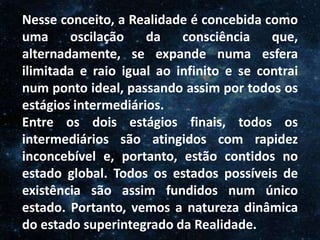 O Homem, Deus e o Universo
Introdução
Nesse conceito, a Realidade é concebida como
uma oscilação da consciência que,
alternadamente, se expande numa esfera
ilimitada e raio igual ao infinito e se contrai
num ponto ideal, passando assim por todos os
estágios intermediários.
Entre os dois estágios finais, todos os
intermediários são atingidos com rapidez
inconcebível e, portanto, estão contidos no
estado global. Todos os estados possíveis de
existência são assim fundidos num único
estado. Portanto, vemos a natureza dinâmica
do estado superintegrado da Realidade.
 