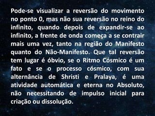 O Homem, Deus e o Universo
Introdução
Pode-se visualizar a reversão do movimento
no ponto 0, mas não sua reversão no reino do
infinito, quando depois de expandir-se ao
infinito, a frente de onda começa a se contrair
mais uma vez, tanto na região do Manifesto
quanto do Não-Manifesto. Que tal reversão
tem lugar é óbvio, se o Ritmo Cósmico é um
fato e se o processo cósmico, com sua
alternância de Shristi e Pralaya, é uma
atividade automática e eterna no Absoluto,
não necessitando de impulso inicial para
criação ou dissolução.
 