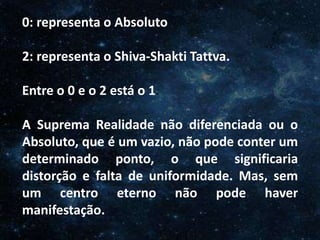 O Homem, Deus e o Universo
Introdução
0: representa o Absoluto
2: representa o Shiva-Shakti Tattva.
Entre o 0 e o 2 está o 1.
A Suprema Realidade não diferenciada ou o
Absoluto, que é um vazio, não pode conter um
determinado ponto, o que significaria
distorção e falta de uniformidade. Mas, sem
um centro eterno não pode haver
manifestação.
 