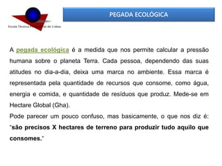 PEGADA ECOLÓGICA
A pegada ecológica é a medida que nos permite calcular a pressão
humana sobre o planeta Terra. Cada pessoa, dependendo das suas
atitudes no dia-a-dia, deixa uma marca no ambiente. Essa marca é
representada pela quantidade de recursos que consome, como água,
energia e comida, e quantidade de resíduos que produz. Mede-se em
Hectare Global (Gha).
Pode parecer um pouco confuso, mas basicamente, o que nos diz é:
“são precisos X hectares de terreno para produzir tudo aquilo que
consomes.“
 