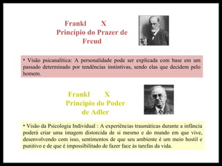 Frankl X
Princípio do Prazer de
Freud
• Visão psicanalítica: A personalidade pode ser explicada com base em um
passado determinado por tendências instintivas, sendo elas que decidem pelo
homem.
Frankl X
Principio do Poder
de Adler
• Visão da Psicologia Individual : A experiências traumáticas durante a infância
poderá criar uma imagem distorcida de si mesmo e do mundo em que vive,
desenvolvendo com isso, sentimentos de que seu ambiente é um meio hostil e
punitivo e de que é impossibilitado de fazer face às tarefas da vida.
 