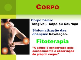 CorpoCorpo físico: Tangível,  Capa ou CouraçaSintomatização das doenças: Revelação.Fitoterapia"A saúde é conservada pelo conhecimento e observação do próprio corpo."