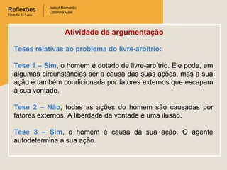 Reflexões
Filosofia 10.º ano

Isabel Bernardo
Catarina Vale

Atividade de argumentação
Teses relativas ao problema do livre-arbítrio:
Tese 1 – Sim, o homem é dotado de livre-arbítrio. Ele pode, em
algumas circunstâncias ser a causa das suas ações, mas a sua
ação é também condicionada por fatores externos que escapam
à sua vontade.
Tese 2 – Não, todas as ações do homem são causadas por
fatores externos. A liberdade da vontade é uma ilusão.
Tese 3 – Sim, o homem é causa da sua ação. O agente
autodetermina a sua ação.

 