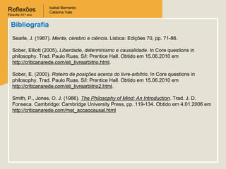 Reflexões
Filosofia 10.º ano

Isabel Bernardo
Catarina Vale

Bibliografia
Searle, J. (1987). Mente, cérebro e ciência. Lisboa: Edições 70, pp. 71-86.
Sober, Elliott (2005). Liberdade, determinismo e causalidade. In Core questions in
philosophy. Trad. Paulo Ruas. S/l: Prentice Hall. Obtido em 15.06.2010 em
http://criticanarede.com/eti_livrearbitrio.html.
Sober, E. (2000). Roteiro de posições acerca do livre-arbítrio. In Core questions in
philosophy. Trad. Paulo Ruas. S/l: Prentice Hall. Obtido em 15.06.2010 em
http://criticanarede.com/eti_livrearbitrio2.html.
Smith, P., Jones, O. J. (1986). The Philosophy of Mind: An Introduction. Trad. J. D.
Fonseca. Cambridge: Cambridge University Press, pp. 119-134. Obtido em 4.01.2006 em
http://criticanarede.com/met_accaocausal.html

 