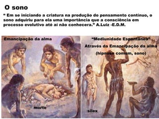 “ Em se iniciando a criatura na produção do pensamento contínuo, o
sono adquiriu para ela uma importância que a consciência em
processo evolutivo até aí não conhecera.” A.Luiz -E.D.M.
Emancipação da alma “Mediunidade Espontânea”
Através da Emancipação da alma
(hipnose comum, sono)
morte
O sono
silex
 