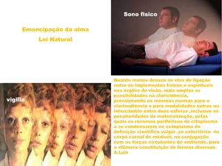 Quanto menos densos os elos de ligação
entre os implementos físicos e espirituais
nos órgãos de visão, mais amplas as
possibilidades na clarividência,
prevalecendo as mesmas normas para a
clariaudiência e para modalidades outras no
intercâmbio entre duas esferas ,inclusive as
peculiaridades da materialização, pelas
quais os recursos periféricos do citoplasma
a se condensarem no ectoplasma de
definição cientifica vulgar ,se exterioriza no
corpo carnal do médium, na conjugação
com as forças circulantes do ambiente, para
a efêmera constituição de formas diversas.
A.Luiz
Emancipação da alma
Lei Natural
Sono fisico
vigilia
 