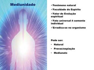 Fenômeno natural
Faculdade do Espírito
Fator de Evolução
espiritual
Fato universal ñ somente
individual
Erradica-se no organismo
Pode ser:
• Natural
• Provas/expiação
• Mediunato
Mediunidade
 
