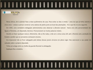 Nessa altura, ele ia plantar faias a doze quilómetros de casa. Para evitar as idas e vindas – uma vez que já tinha setenta e
cinco anos – estava a pensar construir uma cabana de pedra junto ao local das plantações. Foi o que fez no ano seguinte.
Em 1935, uma verdadeira delegação administrativa veio observar a floresta natural. Havia uma alta personalidade das
Águas e Florestas, um deputado, técnicos. Pronunciaram-se muitas palavras inúteis.
Decidiu-se fazer qualquer coisa e, felizmente, não se fez nada, a não ser a única coisa útil: pôr a floresta sob a proteção do
Estado e proibir que os carvoeiros cortassem árvores.
Era impossível não se ficar subjugado pela beleza dessas jovens árvores em pleno vigor. Elas exerceram o seu poder de
sedução sobre o próprio deputado.
Tinha um amigo entre os chefes da guarda-florestal na delegação.
Expliquei-lhe o mistério.
 