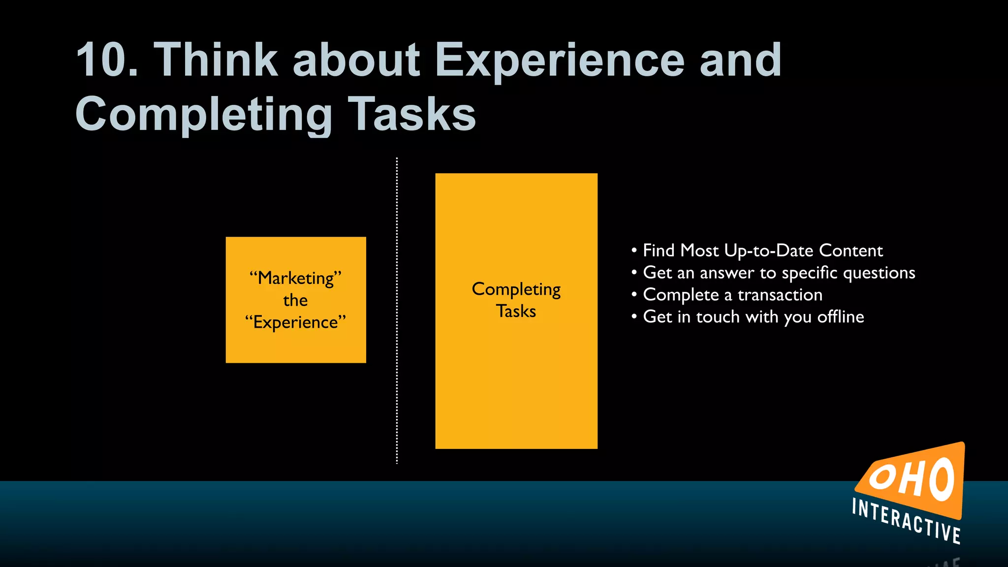 10. Think about Experience and
Completing Tasks

                                   • Find Most Up-to-Date Content
        “Marketing”                • Get an answer to speciﬁc questions
                      Completing   • Complete a transaction
           the
                        Tasks      • Get in touch with you ofﬂine
       “Experience”
 
